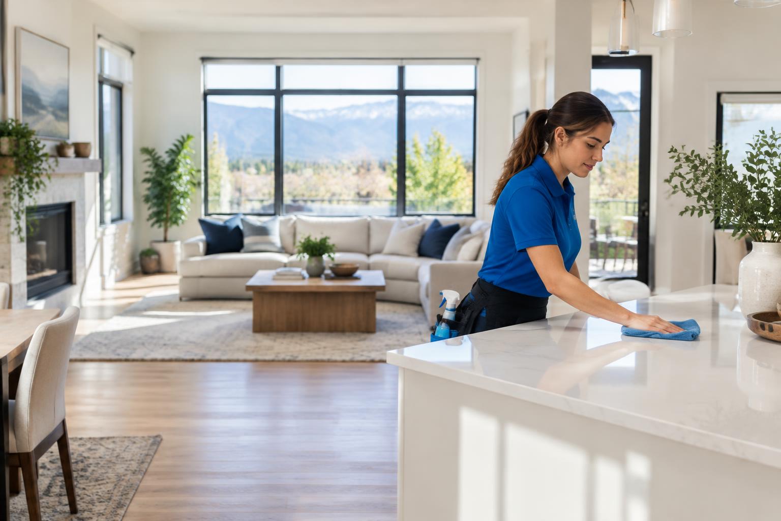 Professional cleaner refreshing a bright Colorado home